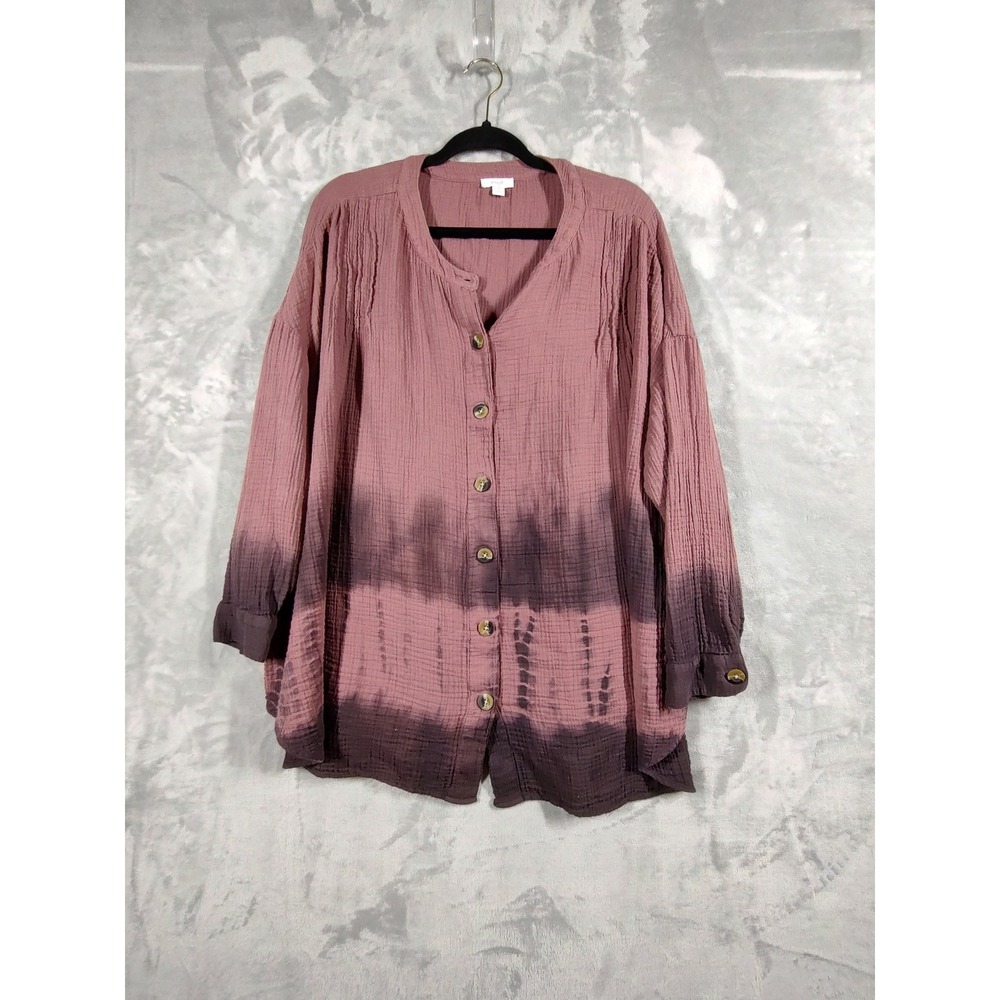 Pure Jill Women 1X Cotton Gauze Tie Dye Button Down Tunic Blouse Rose Plum